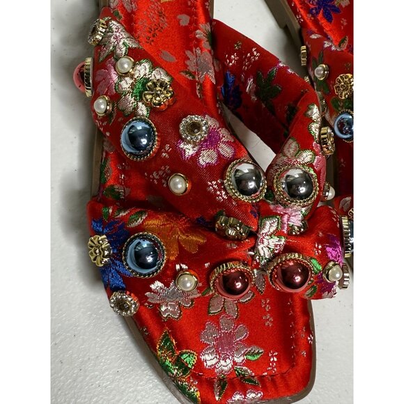 Akira Ramsey Red Satin Floral Jewel Slide Sandals Size 7 | Embellished New - Picture 4 of 11
